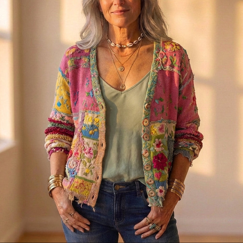 Cardigan Patchwork Multicolore Avec Broderie Florale