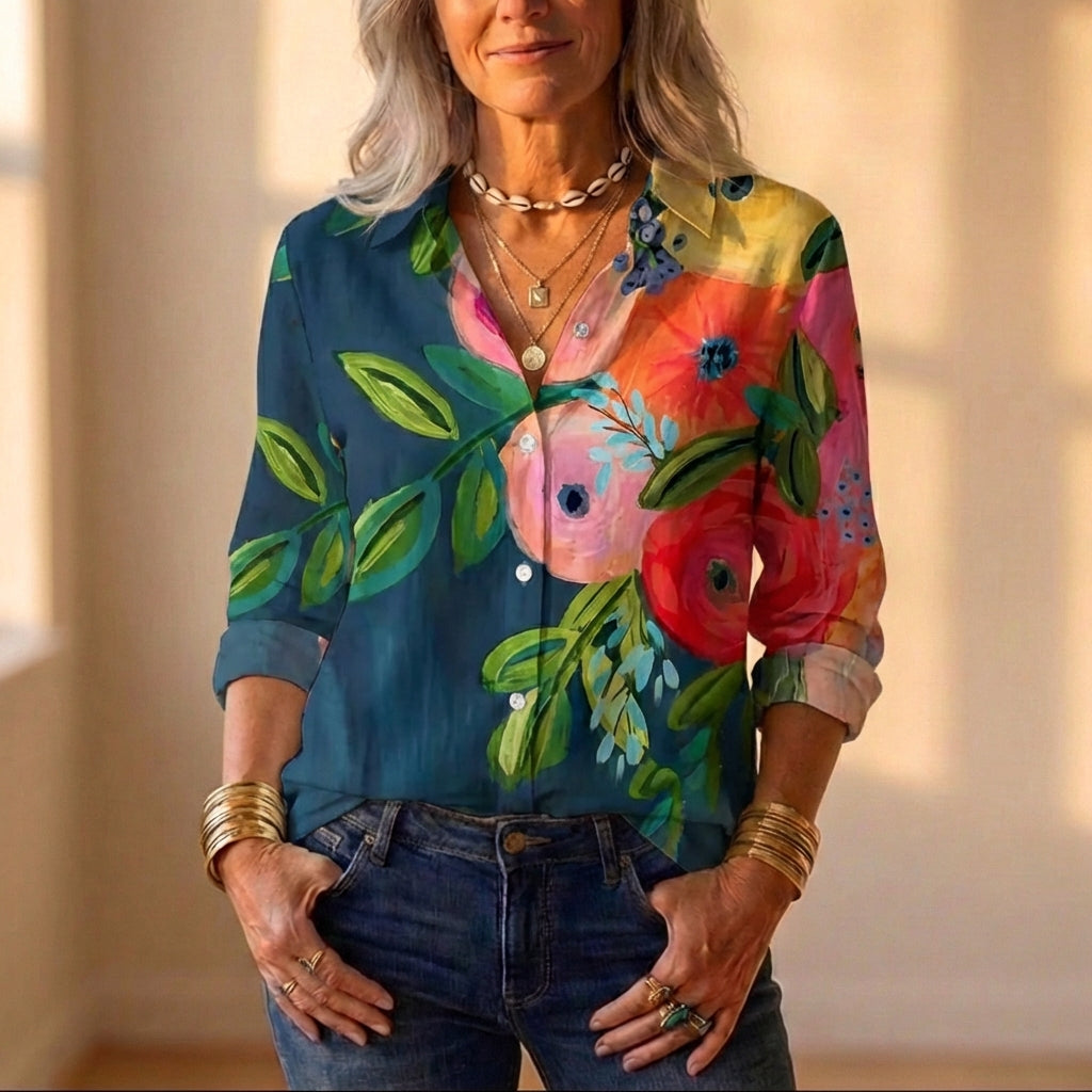 Camicia abbottonata in chiffon con stampa floreale audace