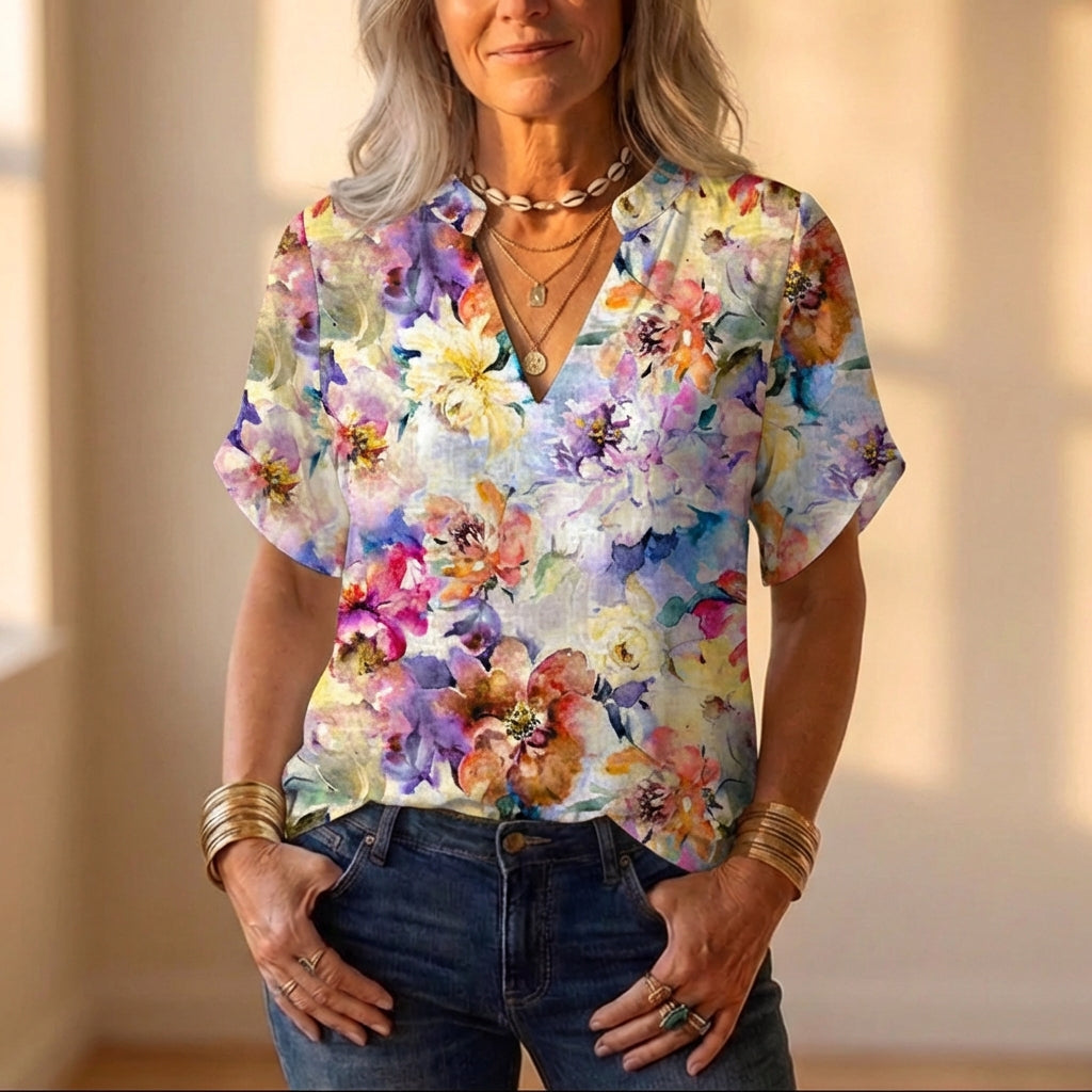 Chiffon blouse met V-hals en aquarel bloemenprint