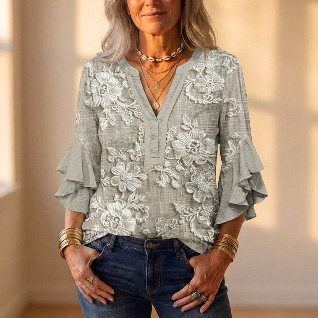 Blouse en coton mélangé avec broderie florale blanche et manches à volants