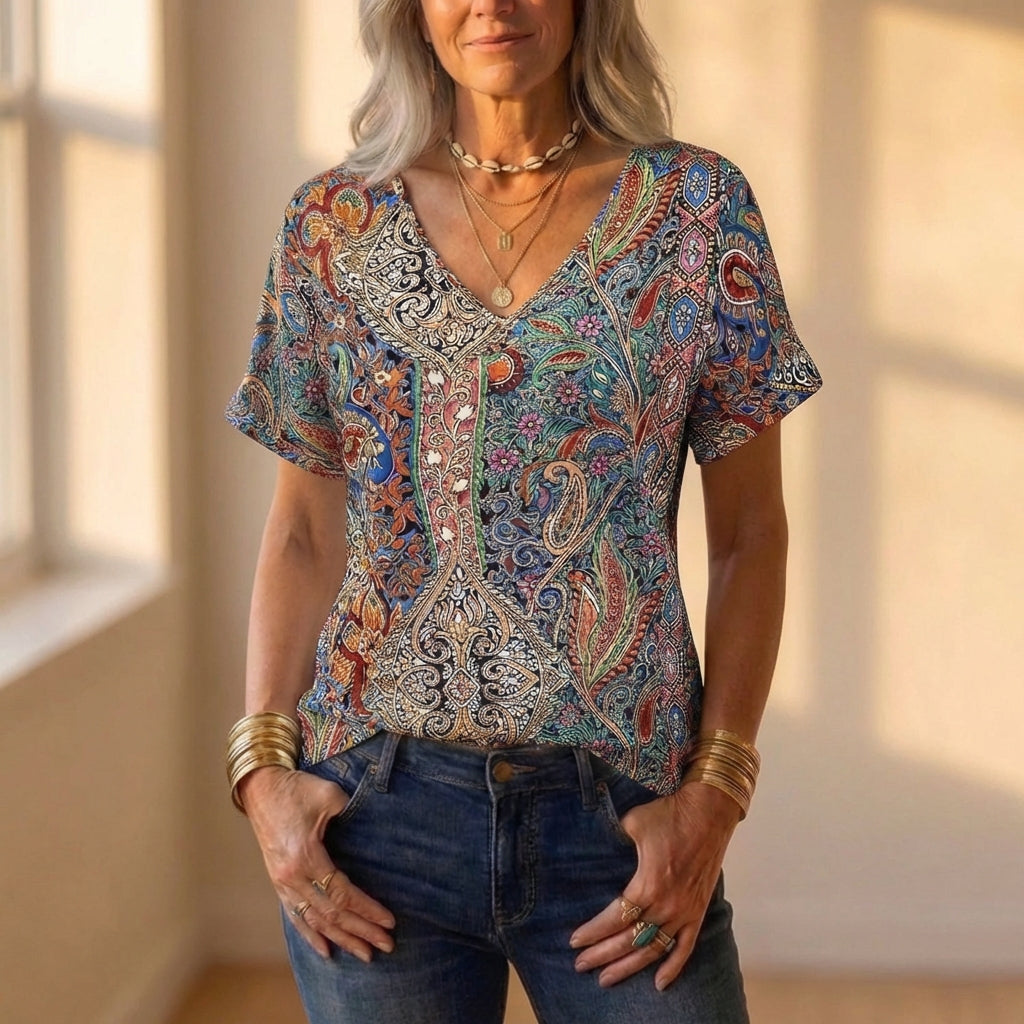 T-shirt en coton mélangé à imprimé cachemire multicolore