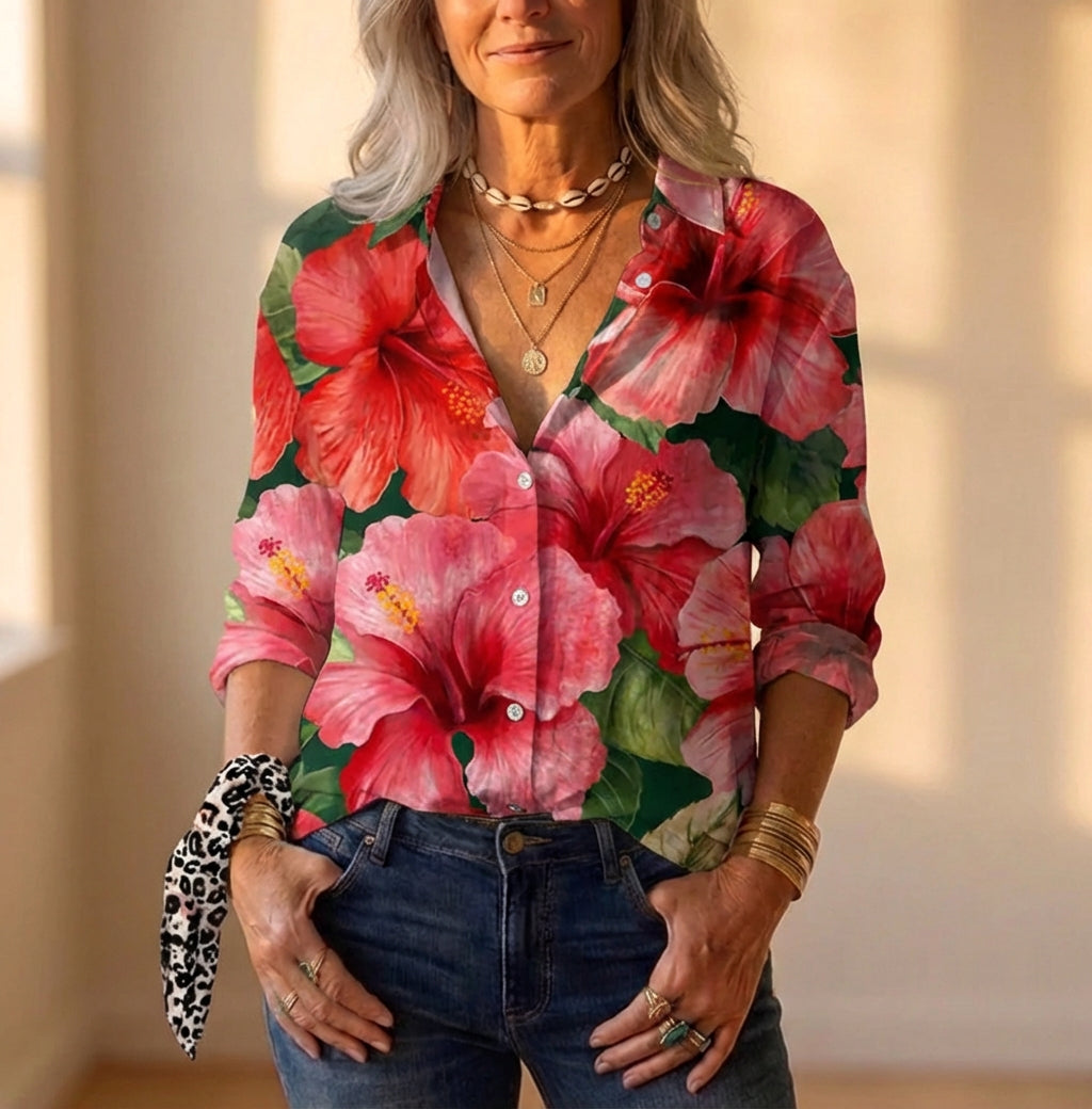 Blouse en coton à imprimé grandes fleurs d'hibiscus rouge