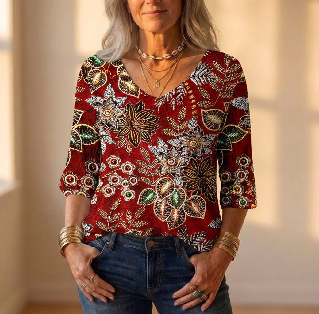 Baumwollbluse mit roter und goldener Paisley-Stickerei