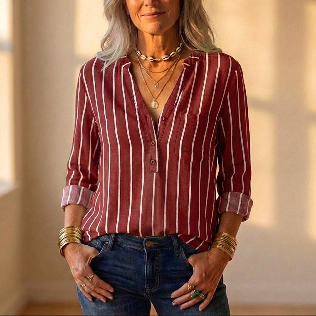 Camicia abbottonata in cotone con riga verticale bordeaux