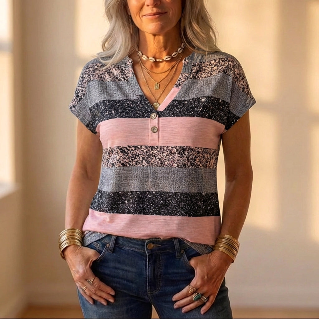 T-shirt Henley in cotone con color block a righe rosa e grigie