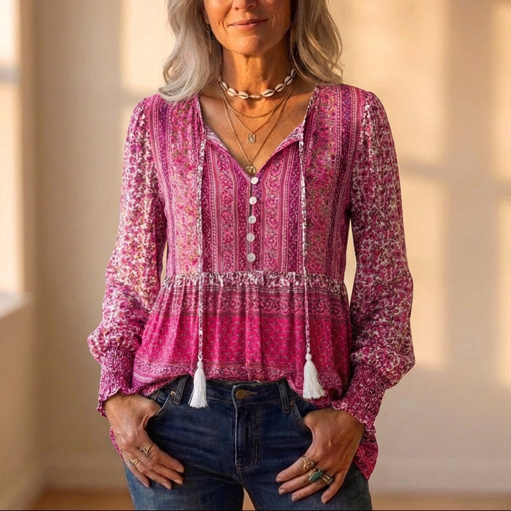 Camicetta contadina in cotone con stampa Boho rosa e lacci con nappe