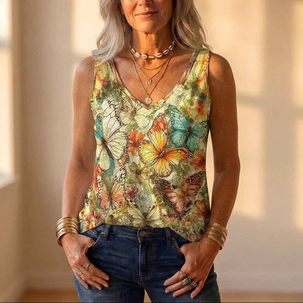 Canotta In Cotone Con Stampa Farfalle Multicolori