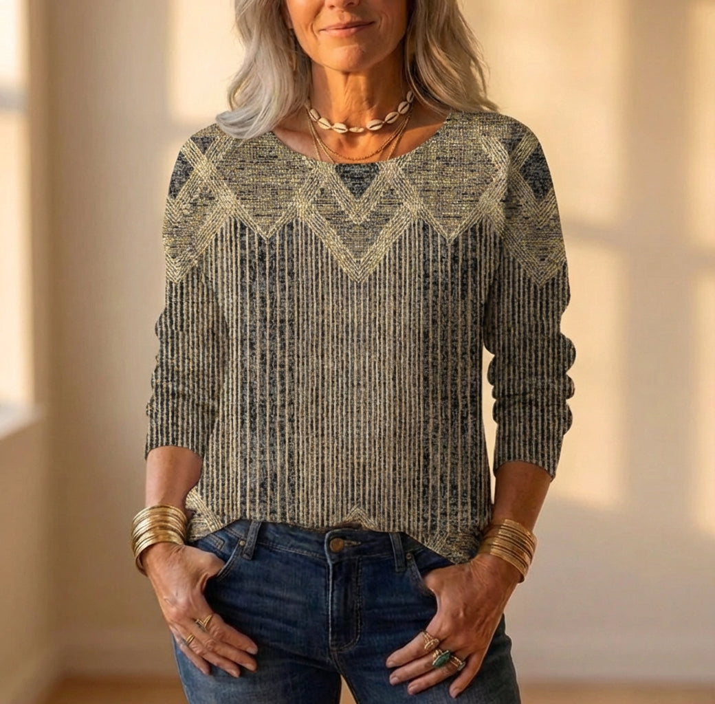 Katoenen top met olijfkleurige chevron en gestreept patroon