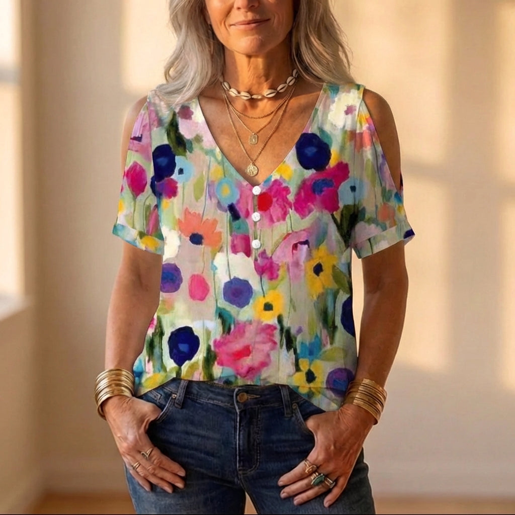 Top de algodón con diseño floral de acuarela arcoíris