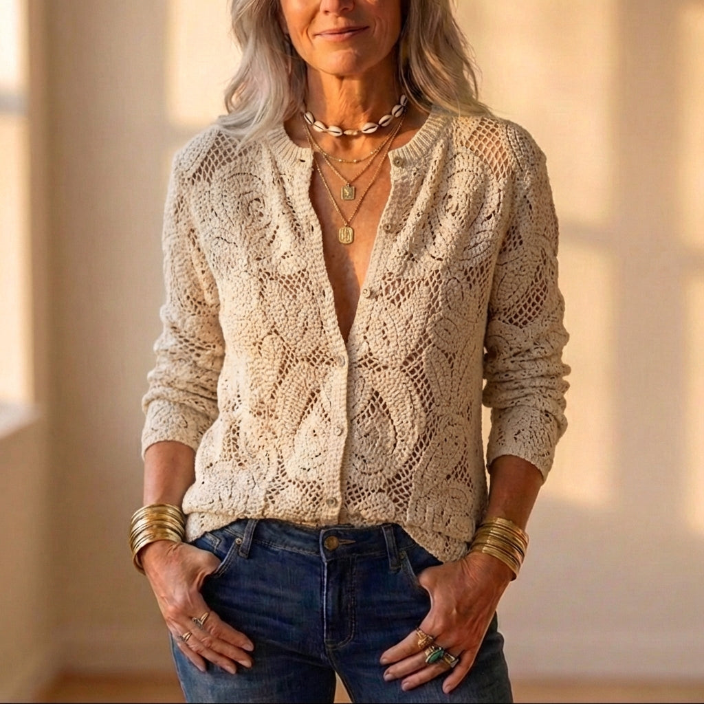 Cardigan in pizzo all'uncinetto con bottoni sul davanti