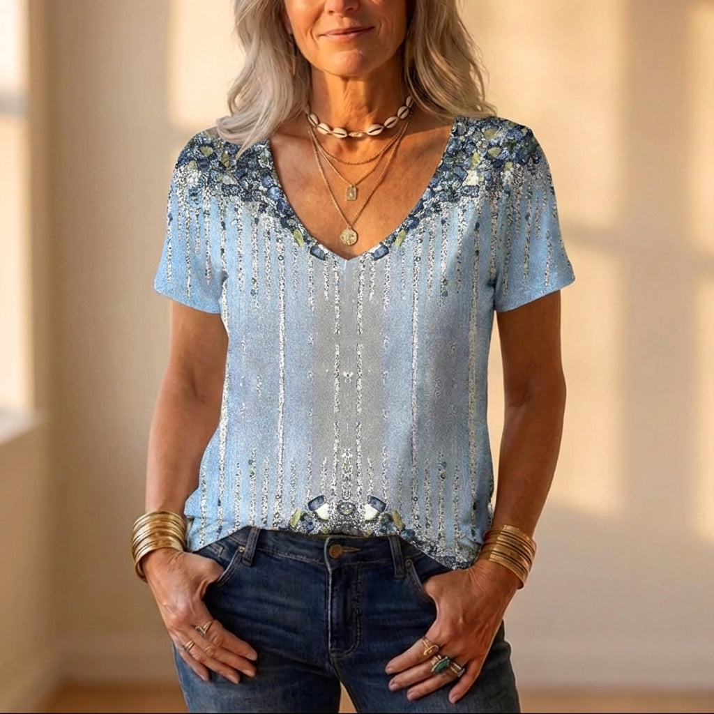 T-shirt orné à col en V avec détails de paillettes florales bleues