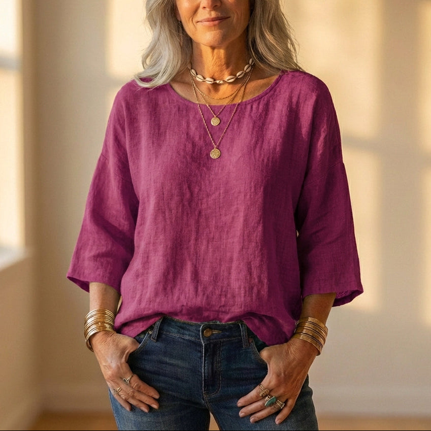 Top In Lino Grigio Con Manica Lunga