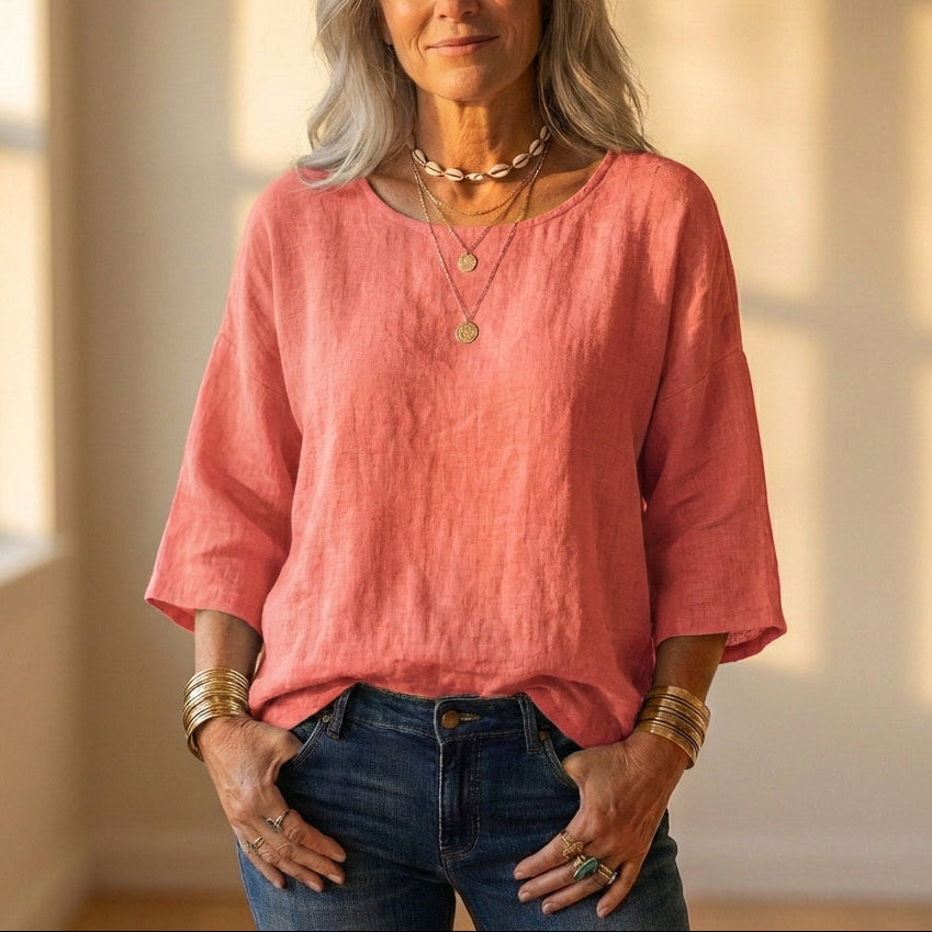 Top Lin Gris à Manches Longues