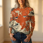 Top met vogels en kersenbloesempatroon