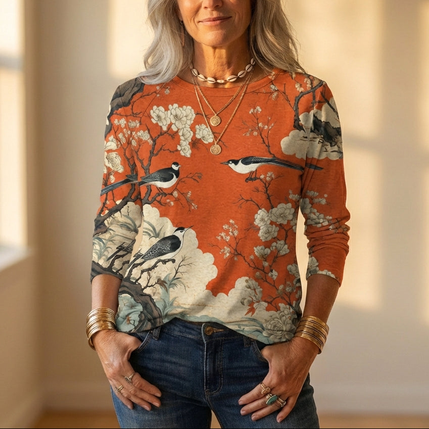 Top con estampado de pájaros y flores de cerezo