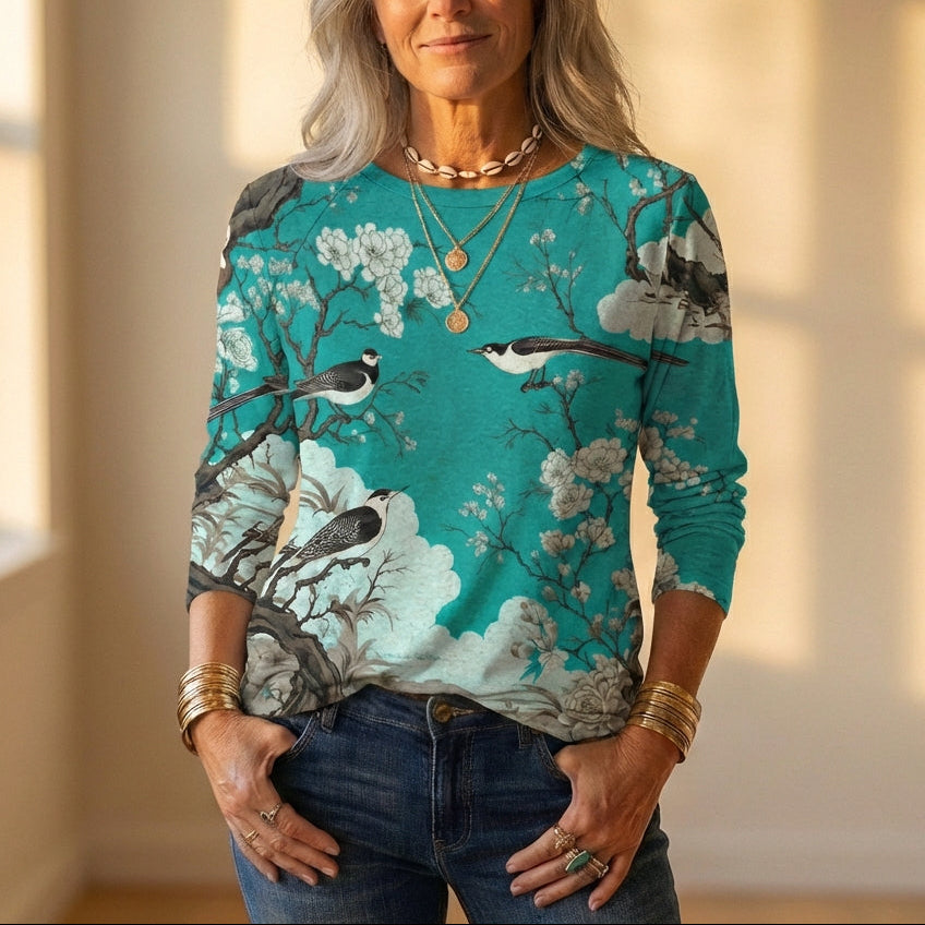 Top con estampado de pájaros y flores de cerezo