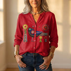 Button-Down-Hemd mit gesticktem Vogel- und Blumenmuster