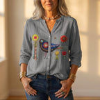 Button-Down-Hemd mit gesticktem Vogel- und Blumenmuster