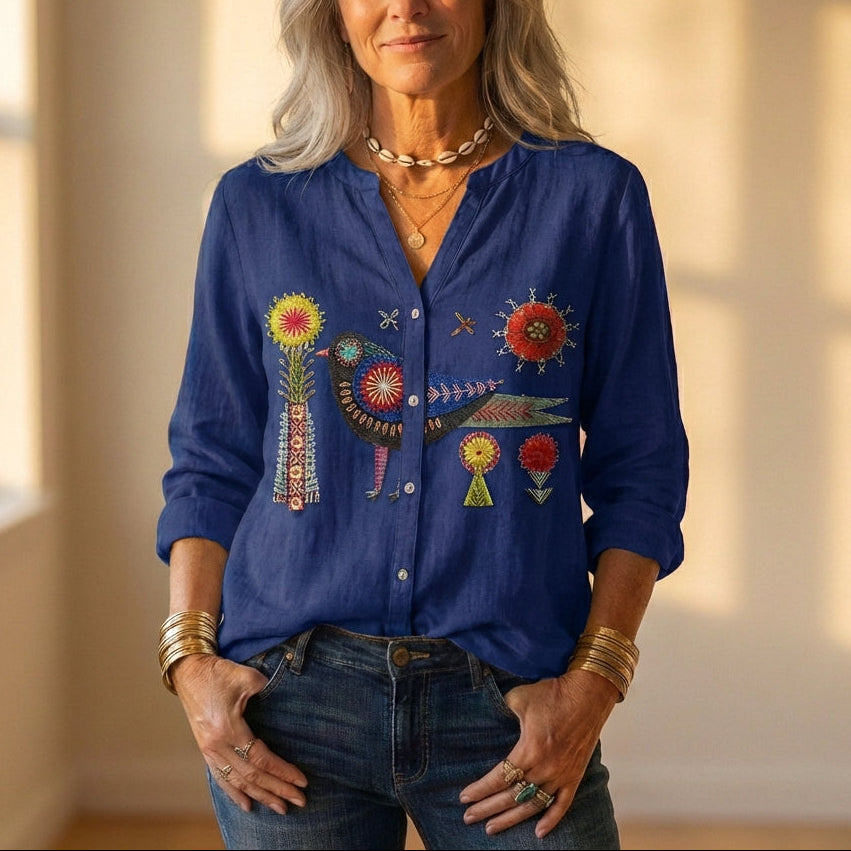 Button-Down-Hemd mit gesticktem Vogel- und Blumenmuster