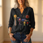 Camisa con botones y diseño floral y de pájaro bordado