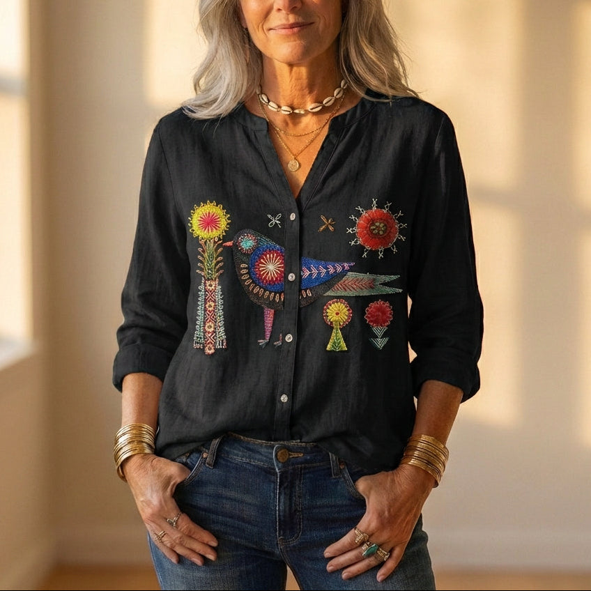 Camisa con botones y diseño floral y de pájaro bordado