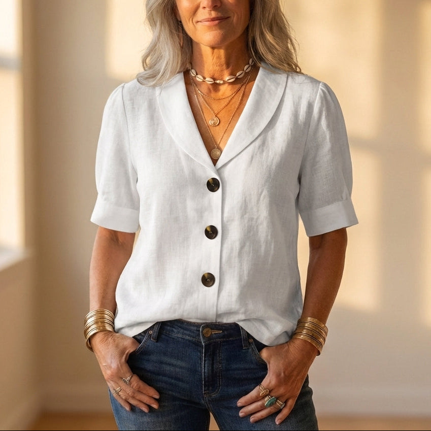 Bluse Beige mit Kragen und Knopfleiste vorne