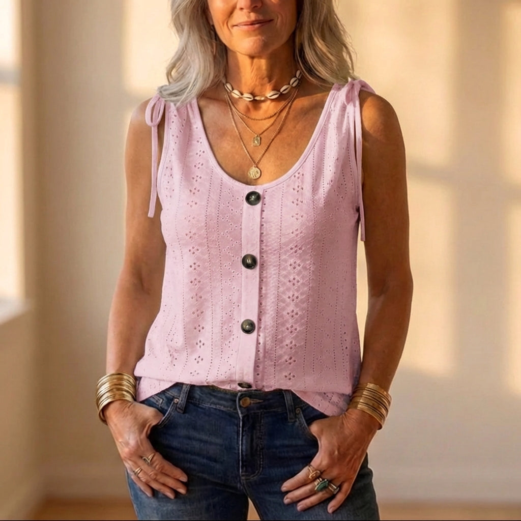 Katoenen tanktop met oogjes, strikbandjes en knoopsluiting aan de voorkant