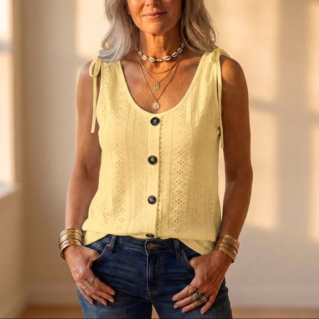 Katoenen tanktop met oogjes, strikbandjes en knoopsluiting aan de voorkant