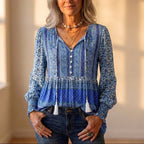 Bauernbluse aus Baumwolle mit rosa Boho-Print und Quastenbändern