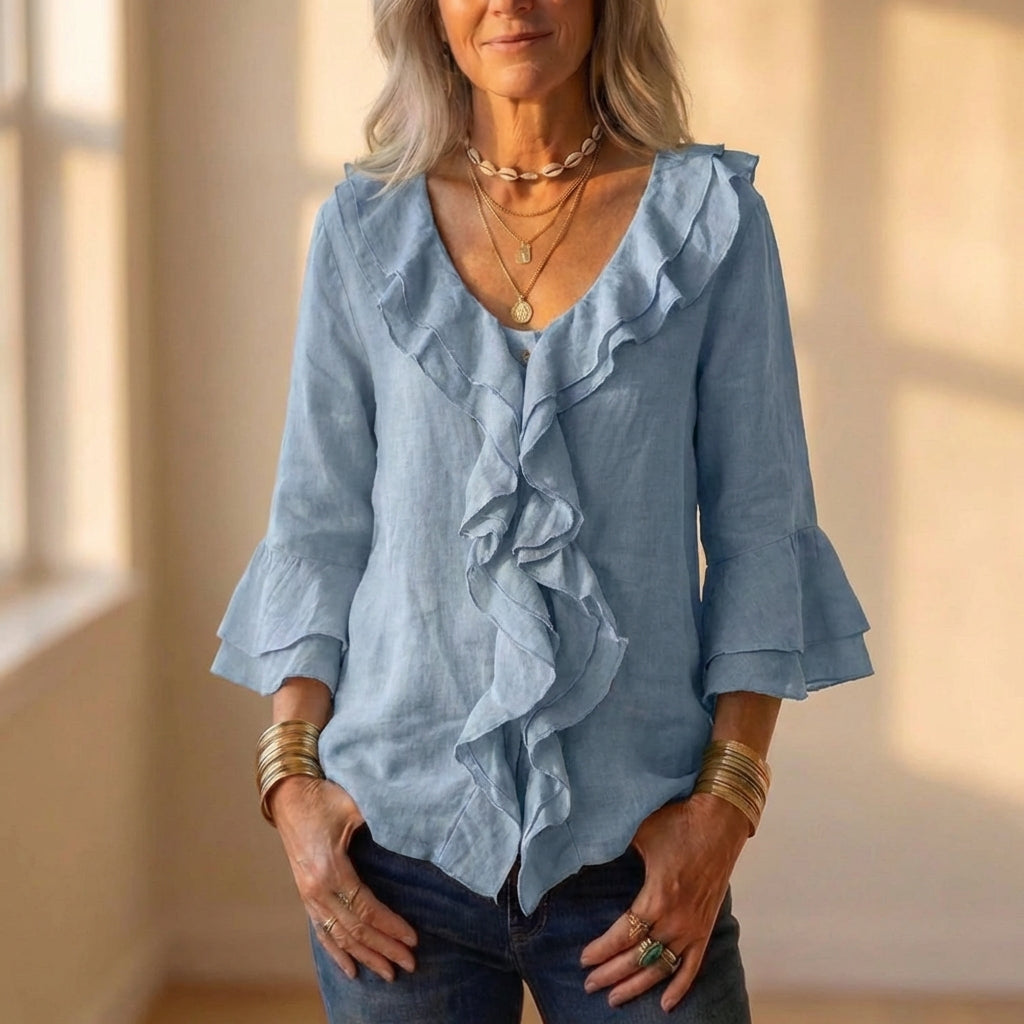 Blusa De Lino Con Detalle De Volantes Y Mangas Acampanadas