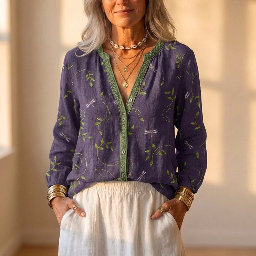 Chemise en lin avec détails botaniques bleu marine et bordure verte