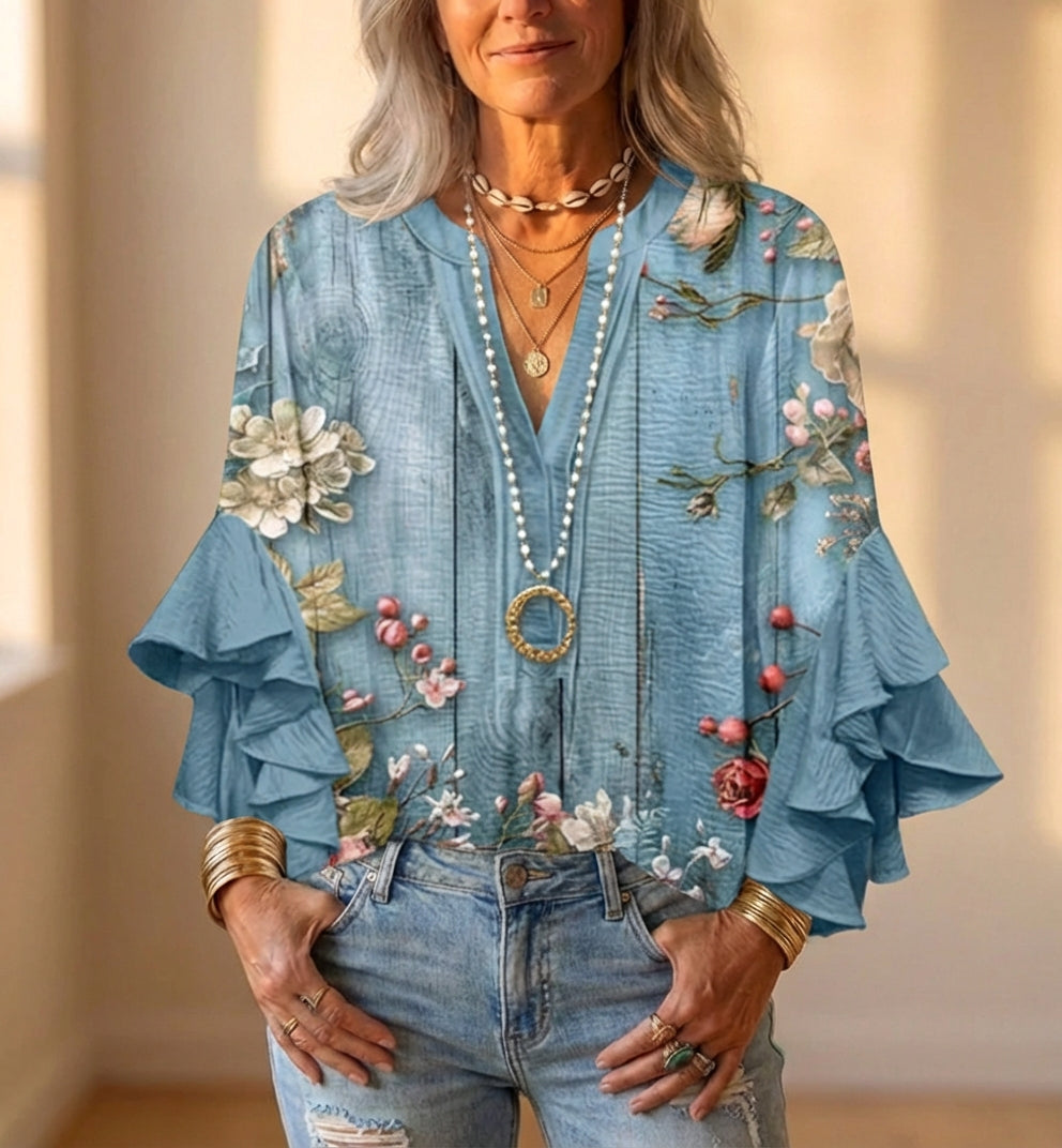 Camisa De Lino Con Mangas Con Volantes Y Bordado Floral