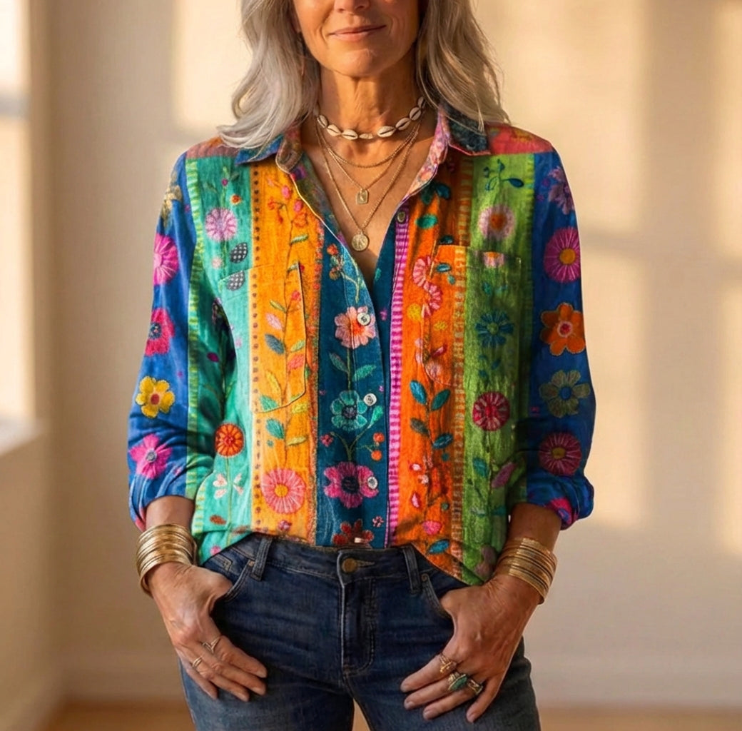 Rayonblouse met botanische blokprint in regenboogkleuren