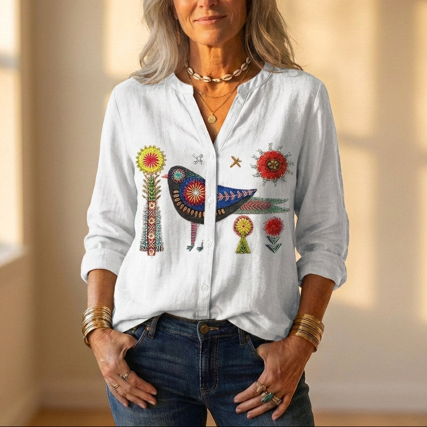 Button-Down-Hemd mit gesticktem Vogel- und Blumenmuster