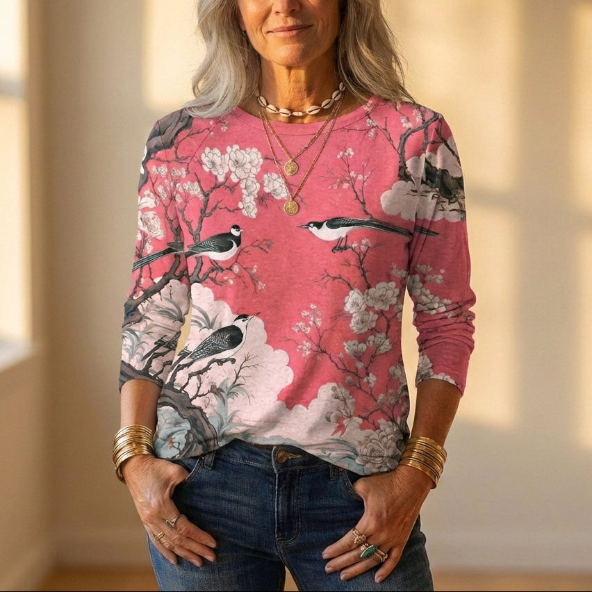 Top con estampado de pájaros y flores de cerezo