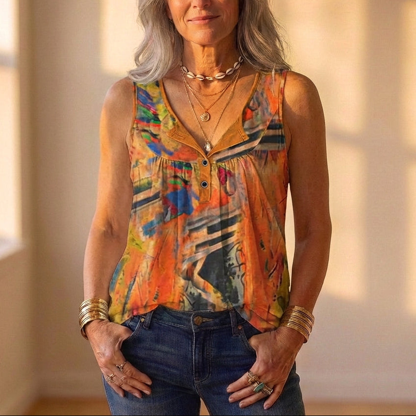 Tanktop Veelkleurig met abstracte aquarel en streeppatroon