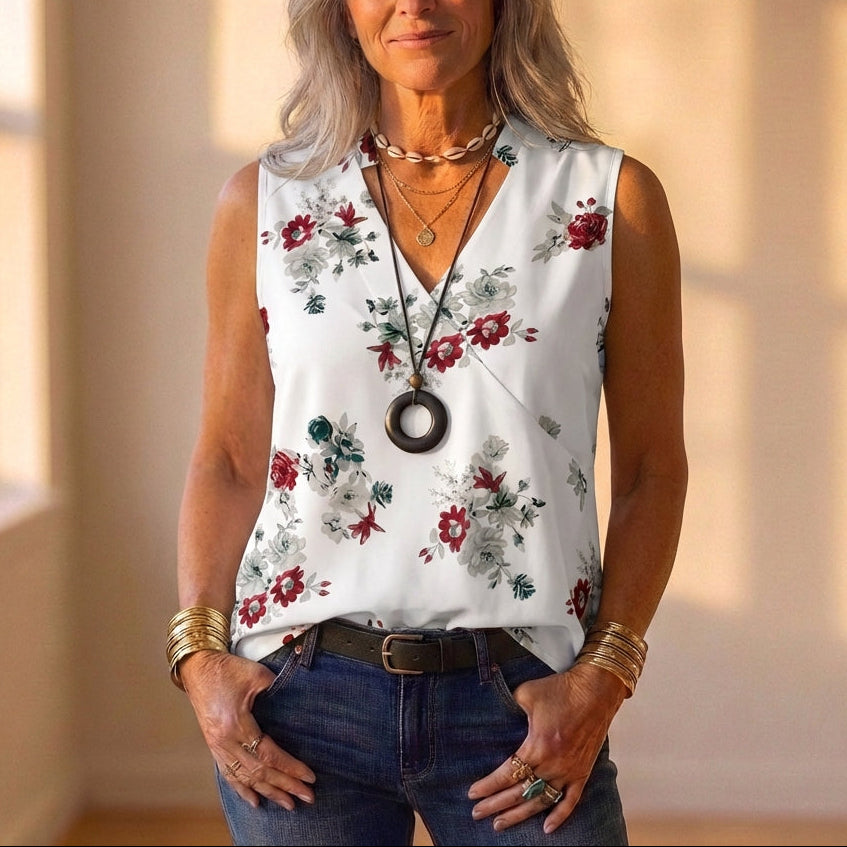 Tanktop Wit met rood en grijs bloemmotief