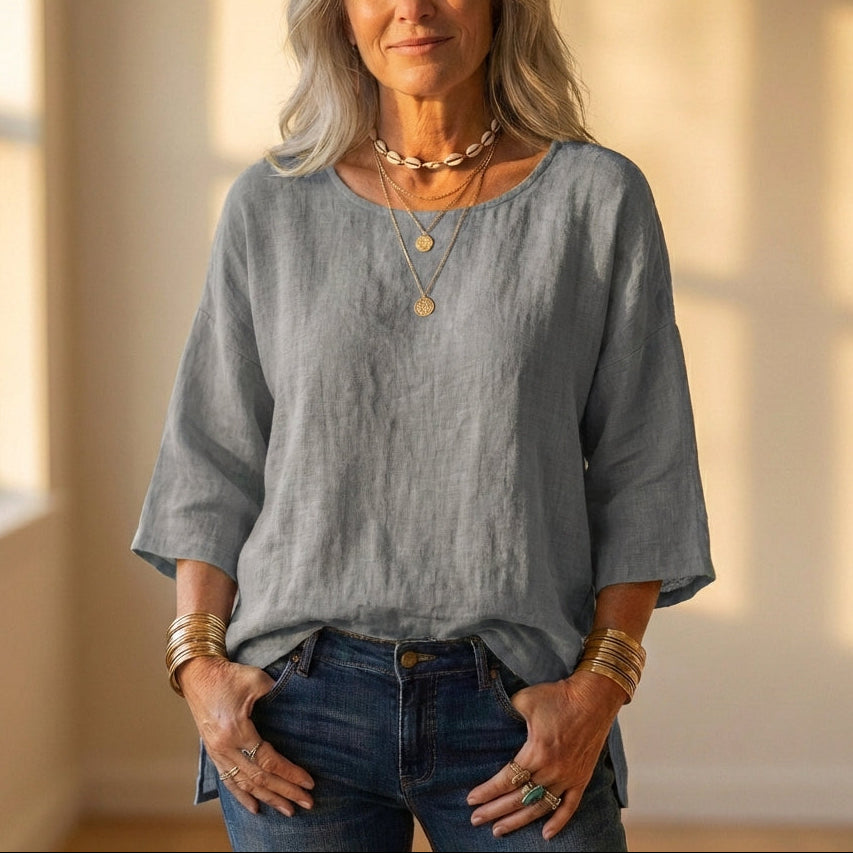 Top In Lino Grigio Con Manica Lunga