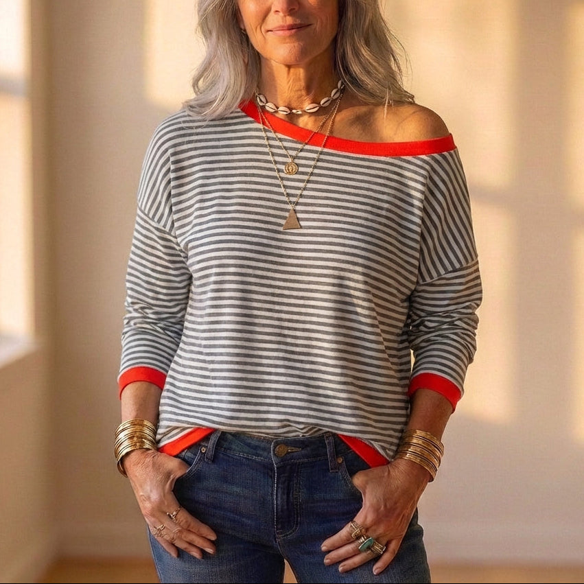 Top grijs en wit gestreept met rode bies