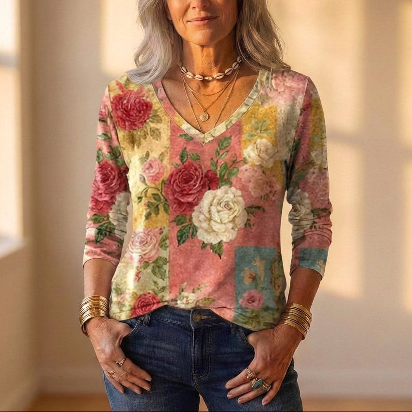 Oberteil mehrfarbig mit Patchwork-Rosen- und Blumenmuster