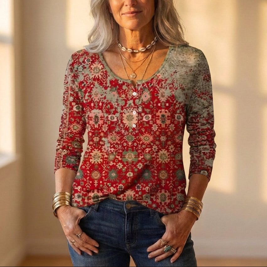 Top rouge et bleu sarcelle avec motif médaillon floral patchwork