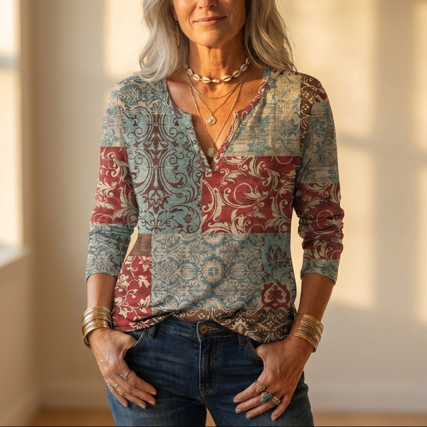 Top verde acqua e ruggine con motivo damascato patchwork