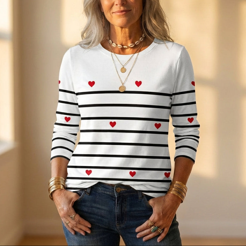 Top Blanc à Rayures Noires & Motif Coeur Rouge